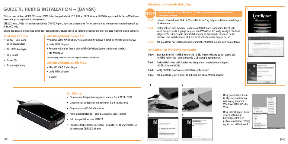Guide til hurtig installation, Dansk), Stop | TRITTON Eclipse UV250 User Manual | Page 14 / 17