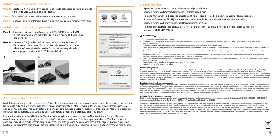 Instalación del software para mac, Instalación del hardware para mac, Garantía limitada de 2 años | Apoyo técnico | TRITTON Eclipse UV250 User Manual | Page 8 / 17