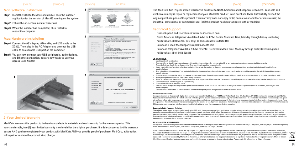 Mac software installation, Mac hardware installation, Year limited warranty | Technical support | TRITTON Eclipse XD300 User Manual | Page 4 / 17