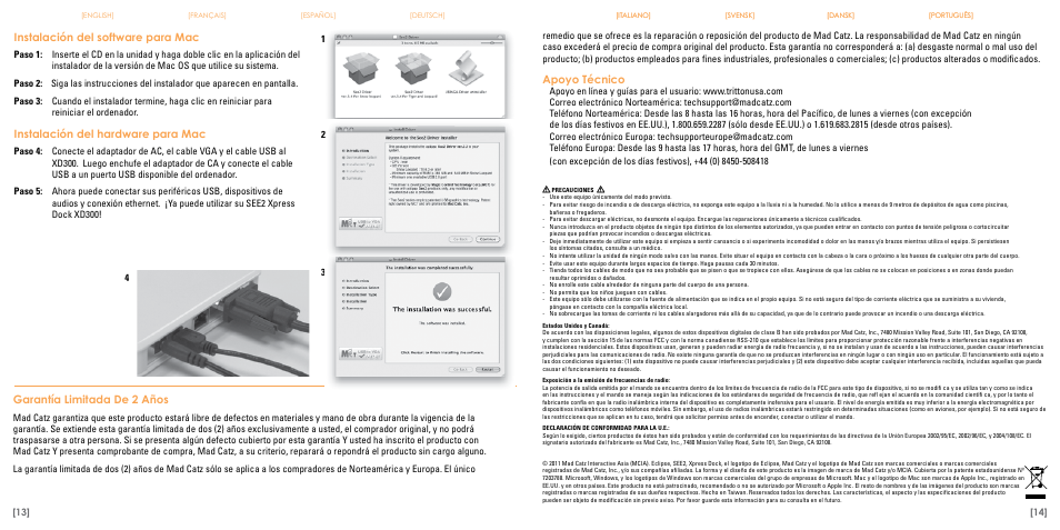 Instalación del software para mac, Instalación del hardware para mac, Garantía limitada de 2 años | Apoyo técnico | TRITTON Eclipse XD300 User Manual | Page 8 / 17