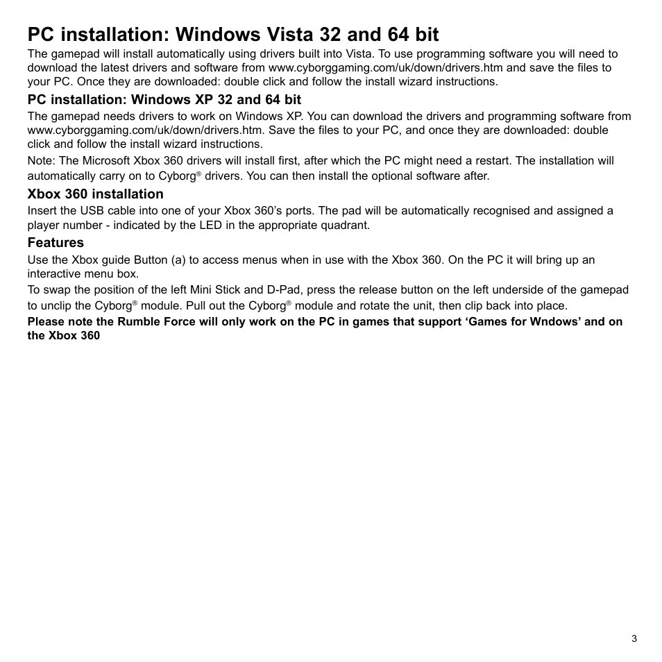 Pc installation: windows vista 32 and 64 bit | Cyborg V.5 Rumble Pad User Manual | Page 3 / 8