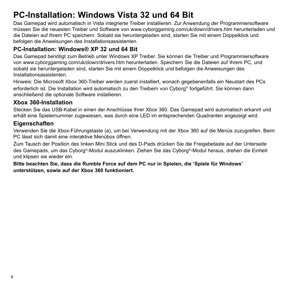 Pc-installation: windows vista 32 und 64 bit | Cyborg V.5 Rumble Pad User Manual | Page 4 / 8
