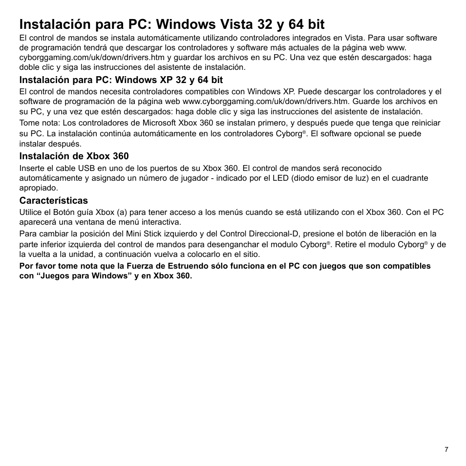 Instalación para pc: windows vista 32 y 64 bit | Cyborg V.5 Rumble Pad User Manual | Page 7 / 8