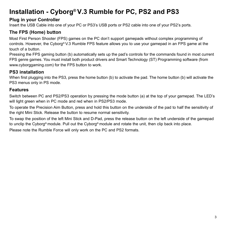 Installation - cyborg, V.3 rumble for pc, ps2 and ps3 | Cyborg V.3 Game Pad User Manual | Page 3 / 8