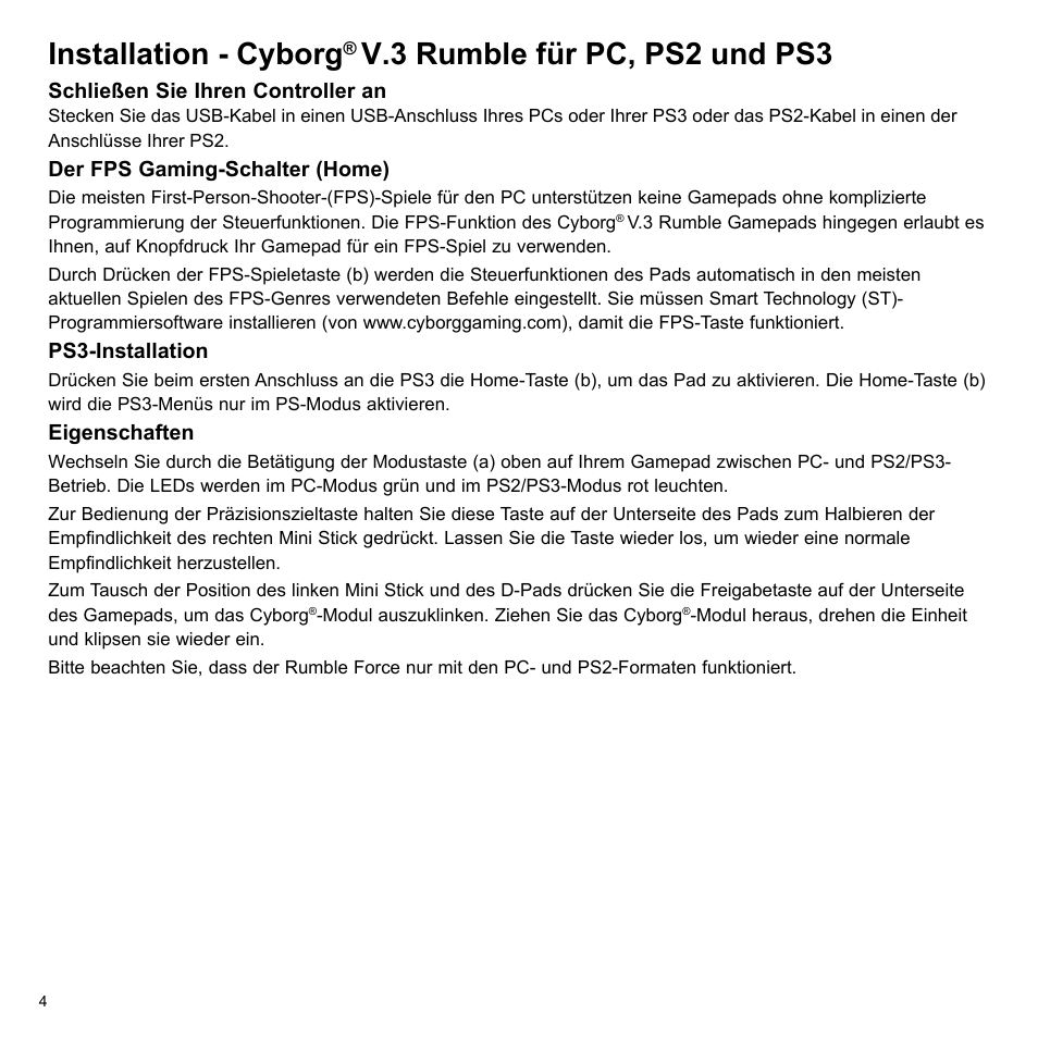 Installation - cyborg, V.3 rumble für pc, ps2 und ps3 | Cyborg V.3 Game Pad User Manual | Page 4 / 8
