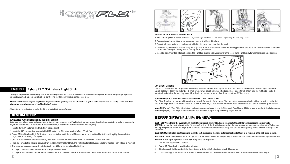English cyborg f.l.y. 9 wireless flight stick, General setup, Frequently asked questions (faq) | Ab c d e | Cyborg F.L.Y 9 for PS3 User Manual | Page 2 / 13