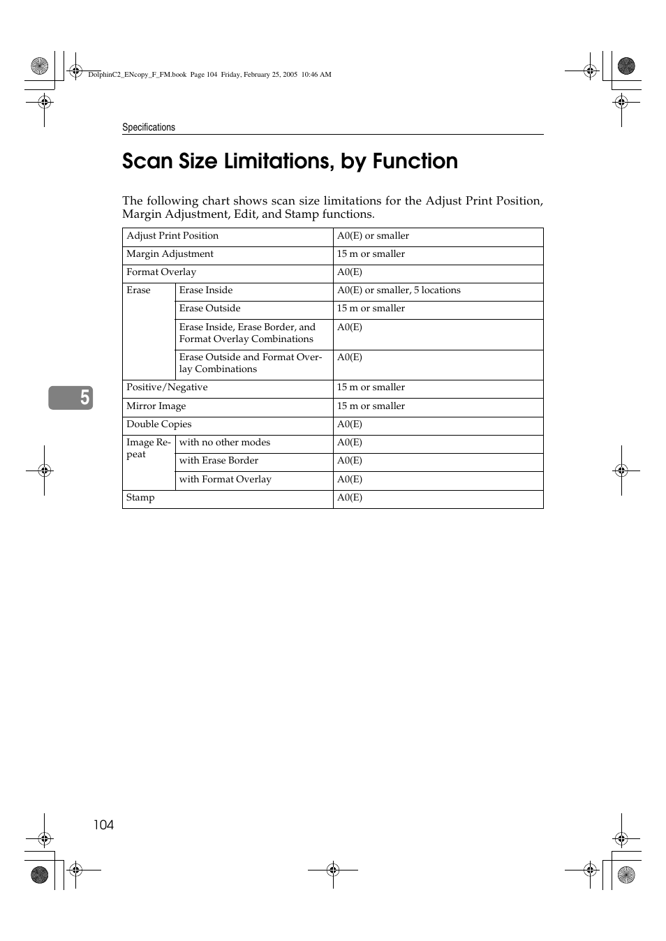 5scan size limitations, by function | Savin 4800WD User Manual | Page 114 / 124