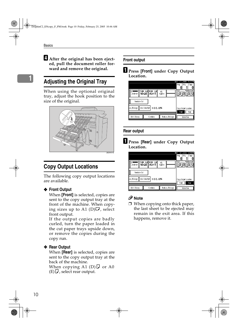 Adjusting the original tray, Copy output locations | Savin 4800WD User Manual | Page 20 / 124