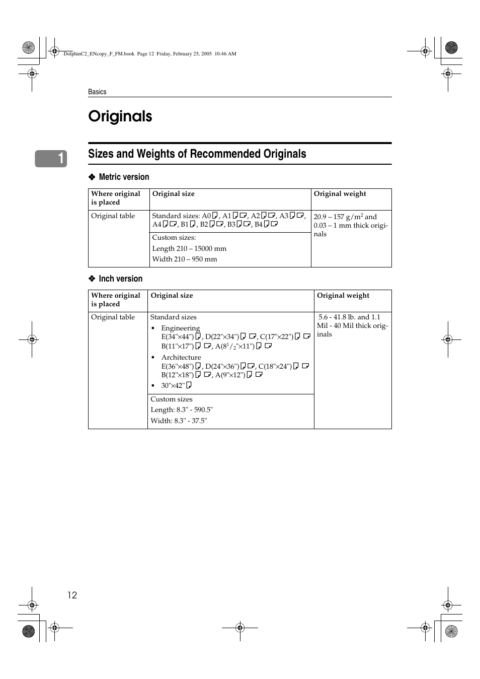 1originals, Sizes and weights of recommended originals | Savin 4800WD User Manual | Page 22 / 124