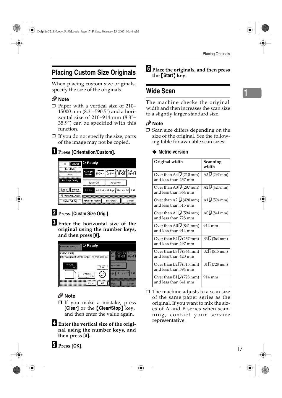 Placing custom size originals, Wide scan | Savin 4800WD User Manual | Page 27 / 124