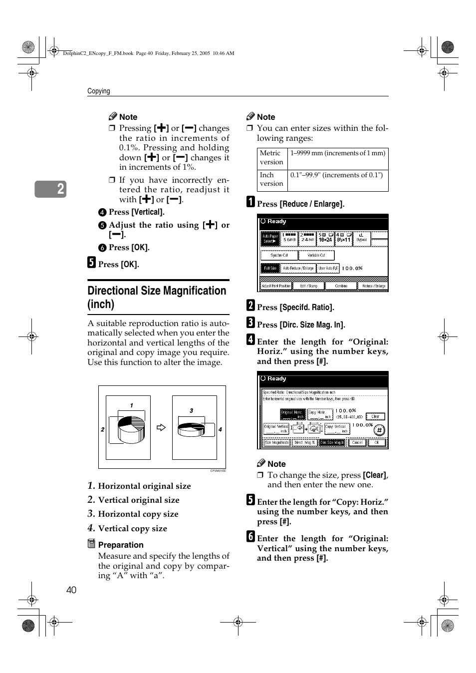 Directional size magnification (inch) | Savin 4800WD User Manual | Page 50 / 124