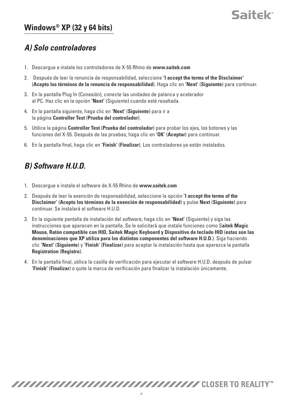 Windows, Xp (32 y 64 bits) a) solo controladores, B) software h.u.d | TRITTON X-55 Rhino H.O.T.A.S System Pro Flight User Manual | Page 119 / 224