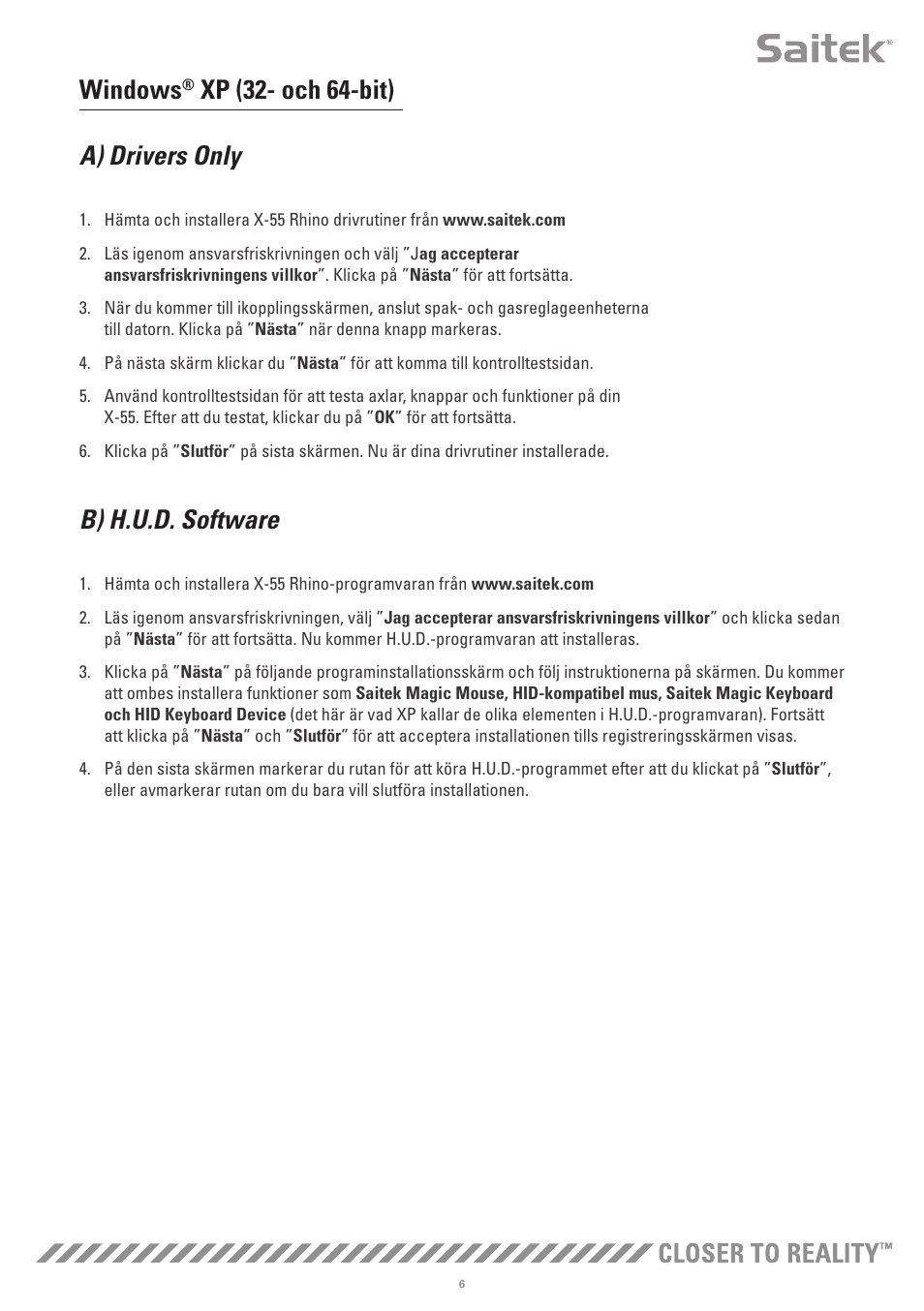 Windows, Xp (32- och 64-bit) a) drivers only, B) h.u.d. software | TRITTON X-55 Rhino H.O.T.A.S System Pro Flight User Manual | Page 147 / 224