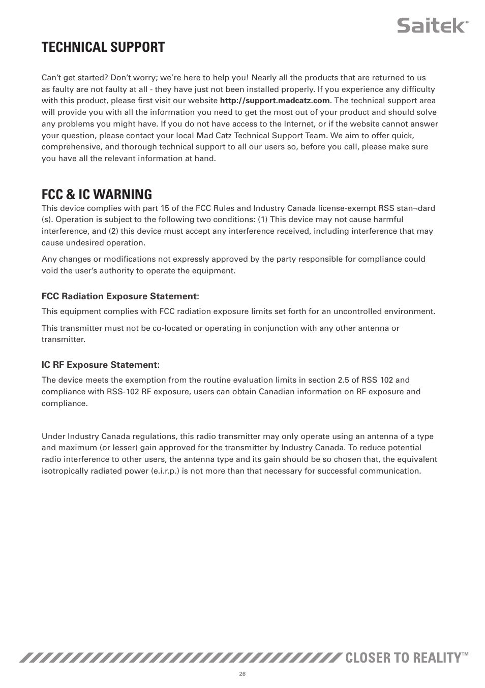 Technical support, Fcc & ic warning | TRITTON X-55 Rhino H.O.T.A.S System Pro Flight User Manual | Page 27 / 224