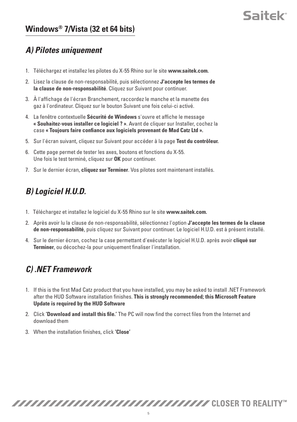 Windows, B) logiciel h.u.d | TRITTON X-55 Rhino H.O.T.A.S System Pro Flight User Manual | Page 34 / 224