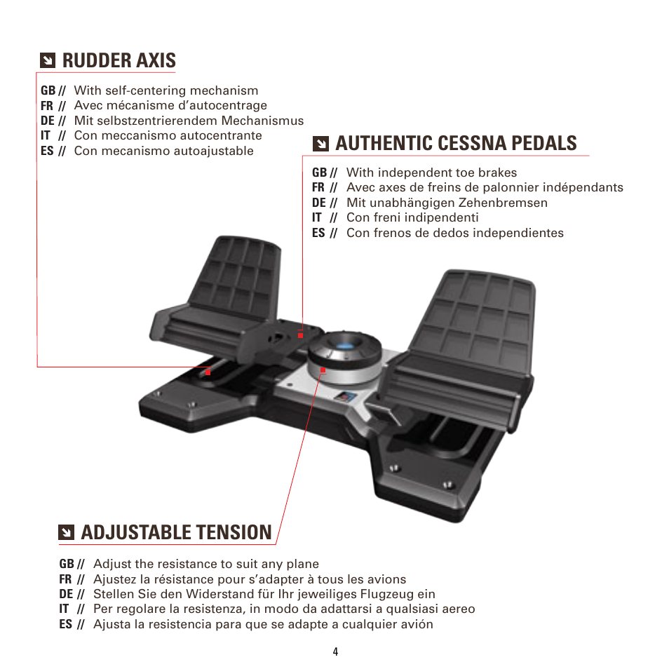 Authentic cessna pedals, Rudder axis, Adjustable tension | TRITTON Cessna Rudder Pedals Pro Flight User Manual | Page 4 / 48