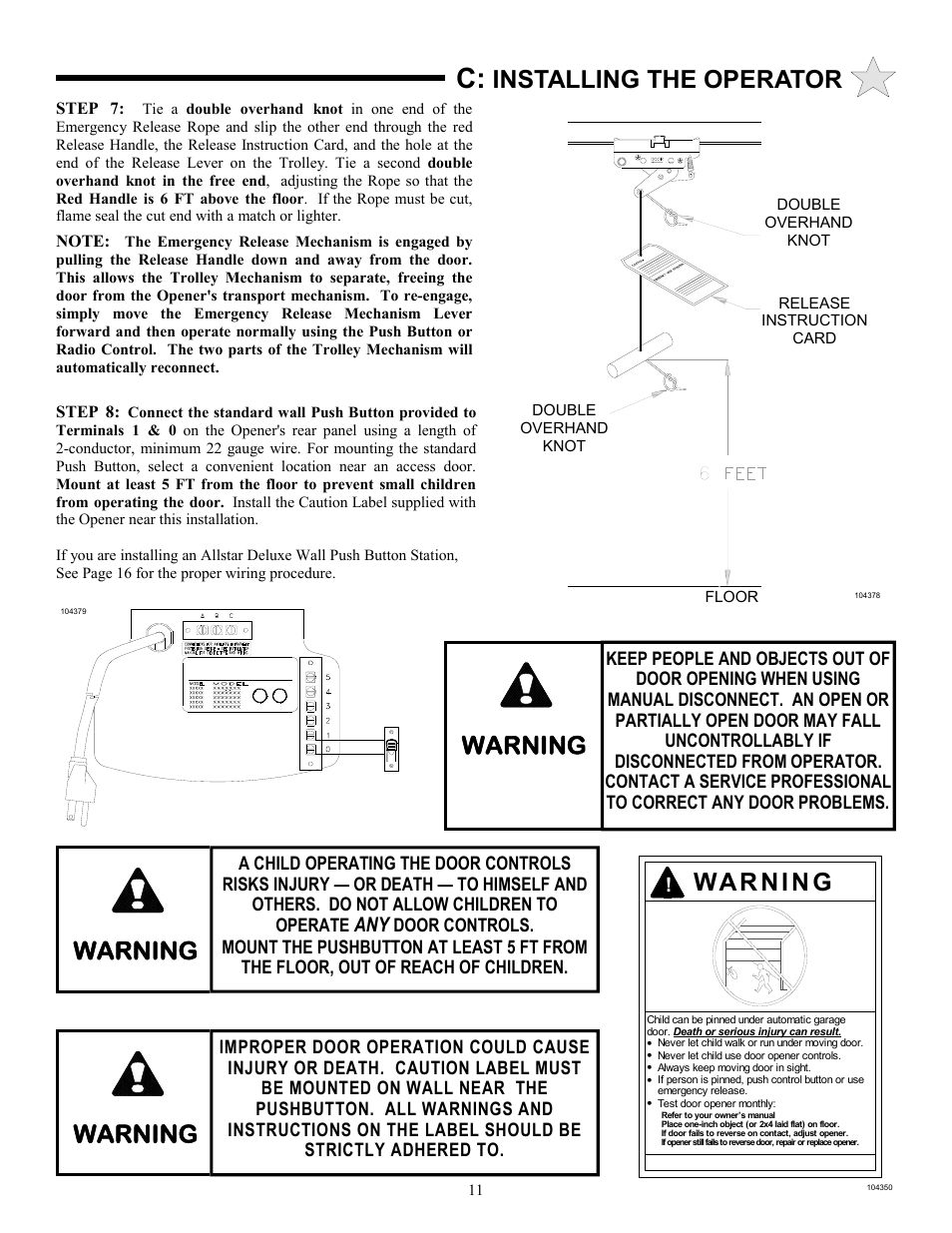 Warning, Installing the operator warning | Allstar Products Group 3500 User Manual | Page 11 / 24