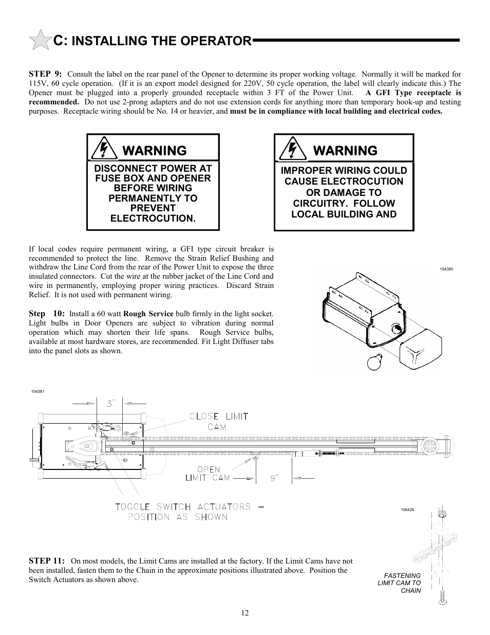Warning, Installing the operator | Allstar Products Group 3500 User Manual | Page 12 / 24