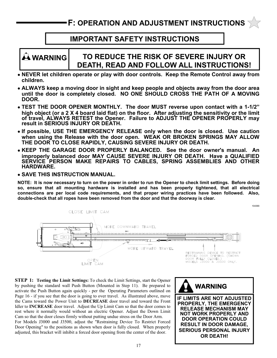 Warning, Important safety instructions, Operation and adjustment instructions | Allstar Products Group 3500 User Manual | Page 17 / 24