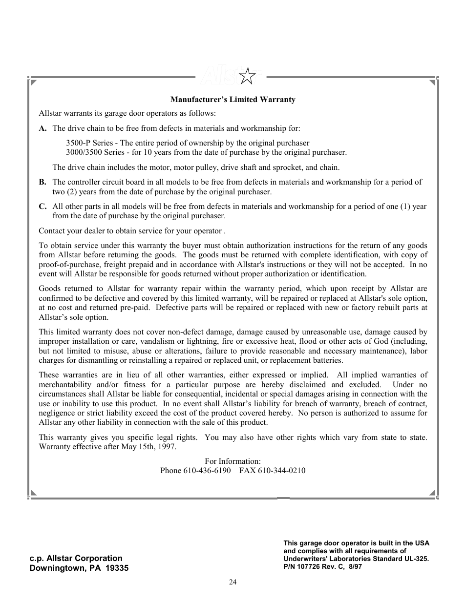 Allstar Products Group 3500 User Manual | Page 24 / 24
