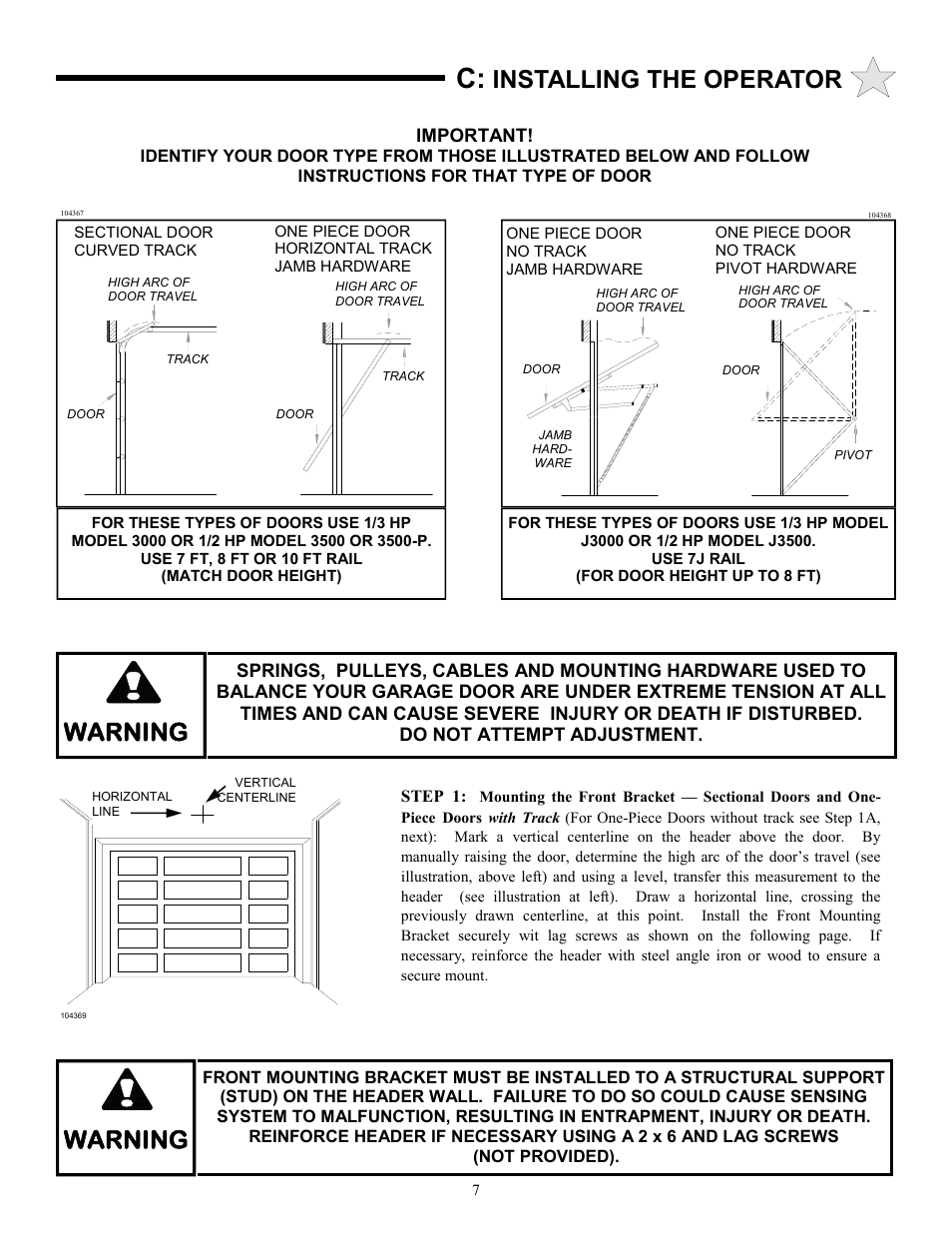 Warning, Installing the operator | Allstar Products Group 3500 User Manual | Page 7 / 24