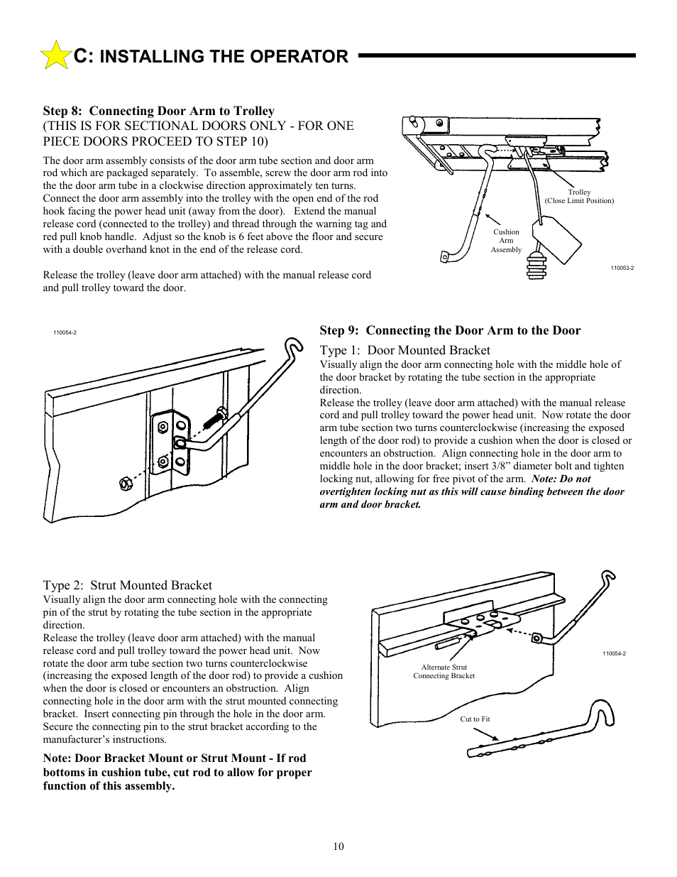 Installing the operator, Step 9: connecting the door arm to the door, Type 1: door mounted bracket | Type 2: strut mounted bracket | Allstar Products Group CHALLENGER AC9300 User Manual | Page 10 / 24
