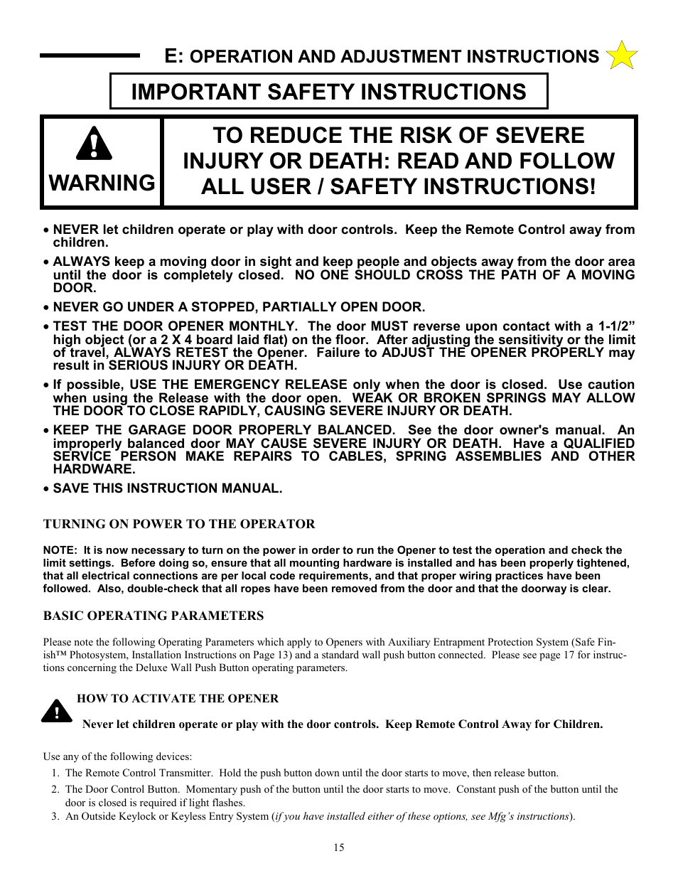 Important safety instructions, Operation and adjustment instructions | Allstar Products Group CHALLENGER AC9300 User Manual | Page 15 / 24