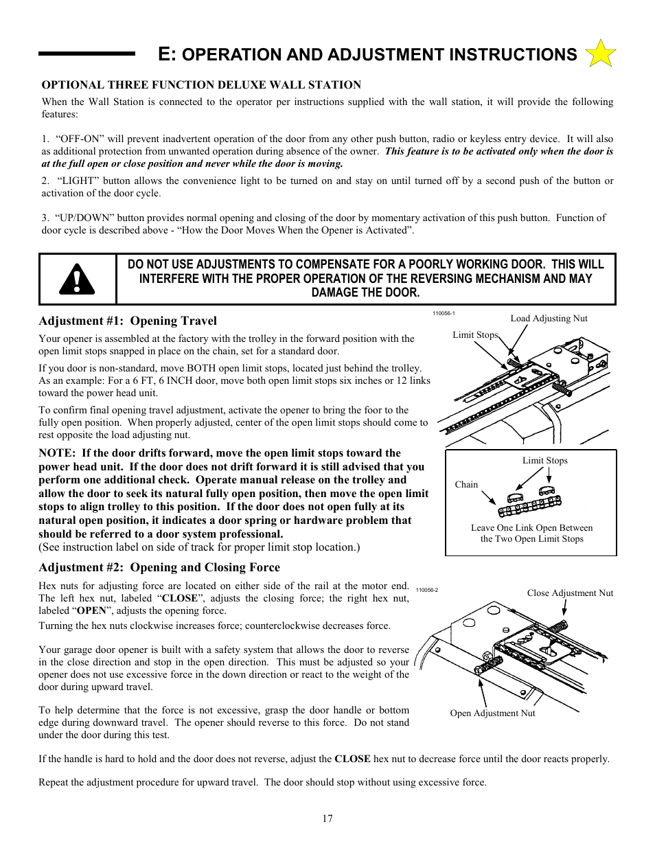 Operation and adjustment instructions, Adjustment #1: opening travel, Adjustment #2: opening and closing force | Optional three function deluxe wall station | Allstar Products Group CHALLENGER AC9300 User Manual | Page 17 / 24