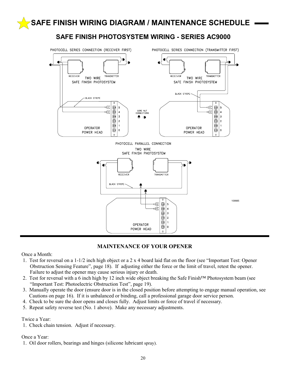 Safe finish wiring diagram / maintenance schedule, Safe finish photosystem wiring - series ac9000 | Allstar Products Group CHALLENGER AC9300 User Manual | Page 20 / 24