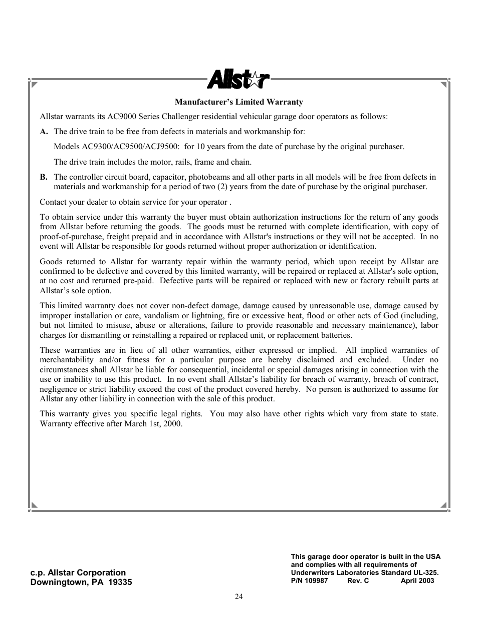 Allstar Products Group CHALLENGER AC9300 User Manual | Page 24 / 24