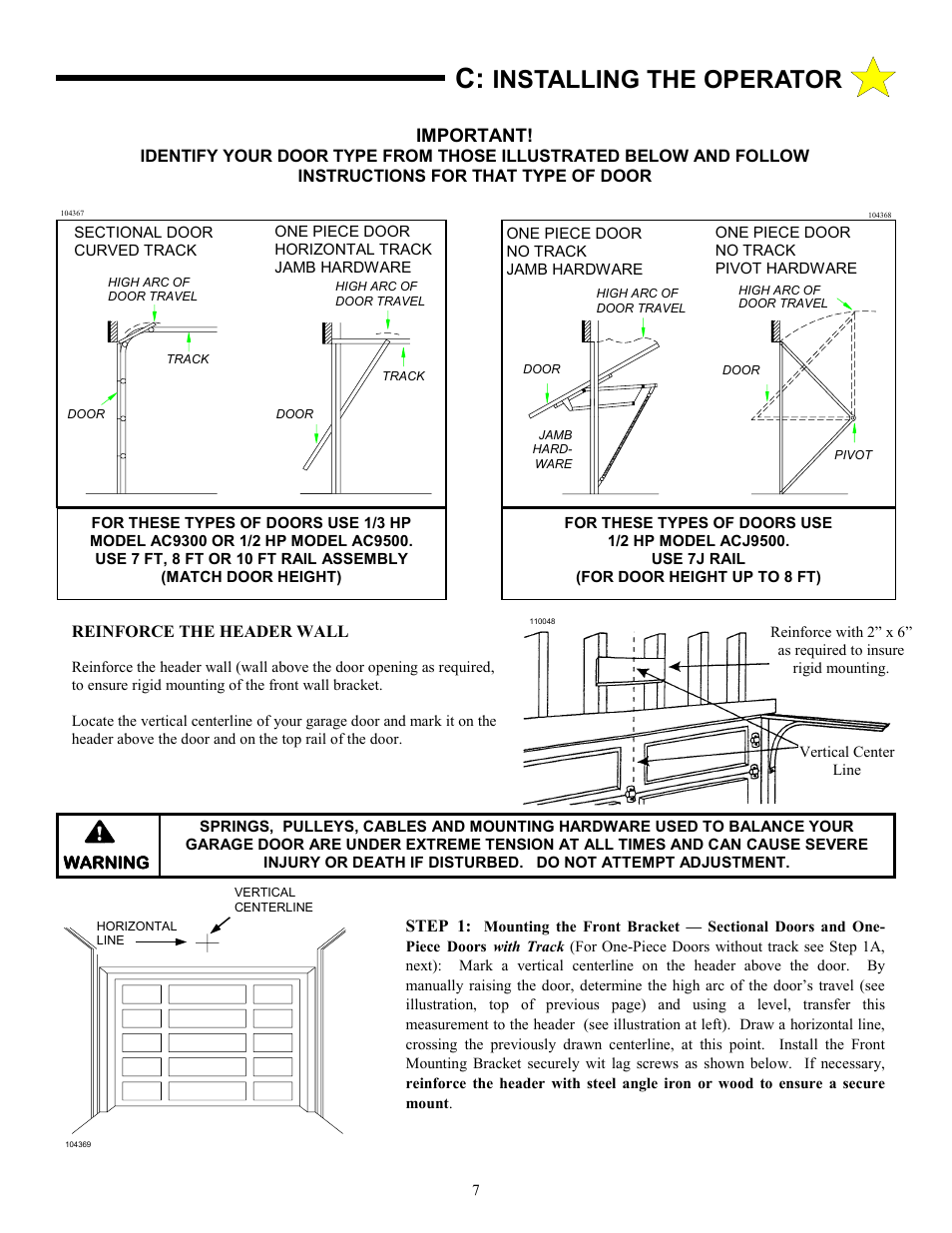 Installing the operator, Important | Allstar Products Group CHALLENGER AC9300 User Manual | Page 7 / 24