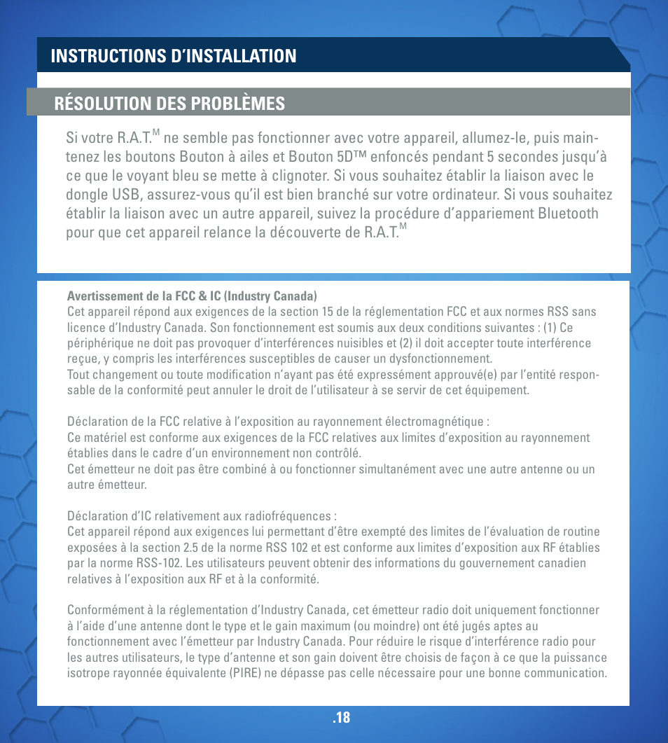 Instructions d’installation, Résolution des problèmes | TRITTON R.A.T. M User Manual | Page 18 / 44