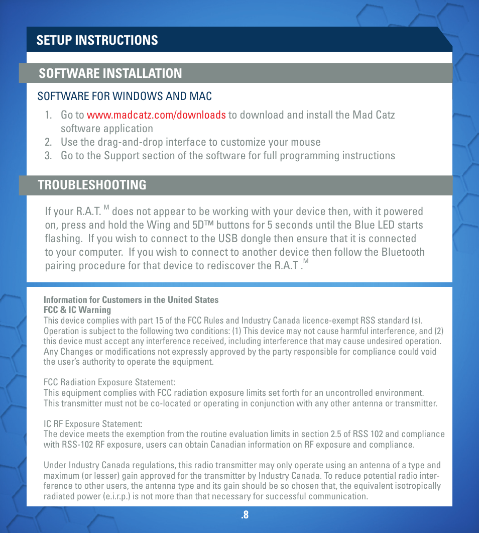 Setup instructions, Software installation, Troubleshooting | TRITTON R.A.T. M User Manual | Page 8 / 44