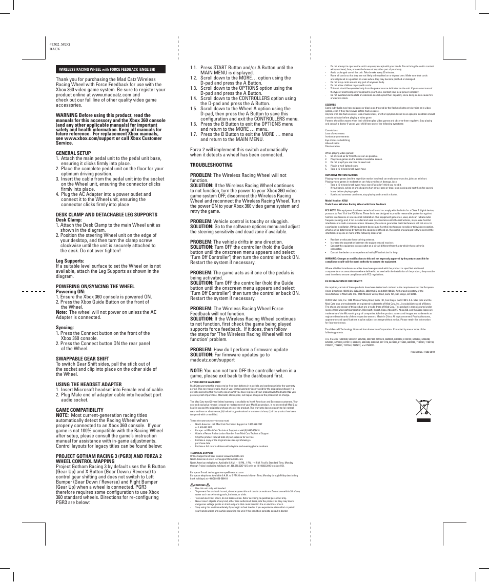 TRITTON Wireless Force Feedback Wheel for Xbox 360 User Manual | Page 2 / 2