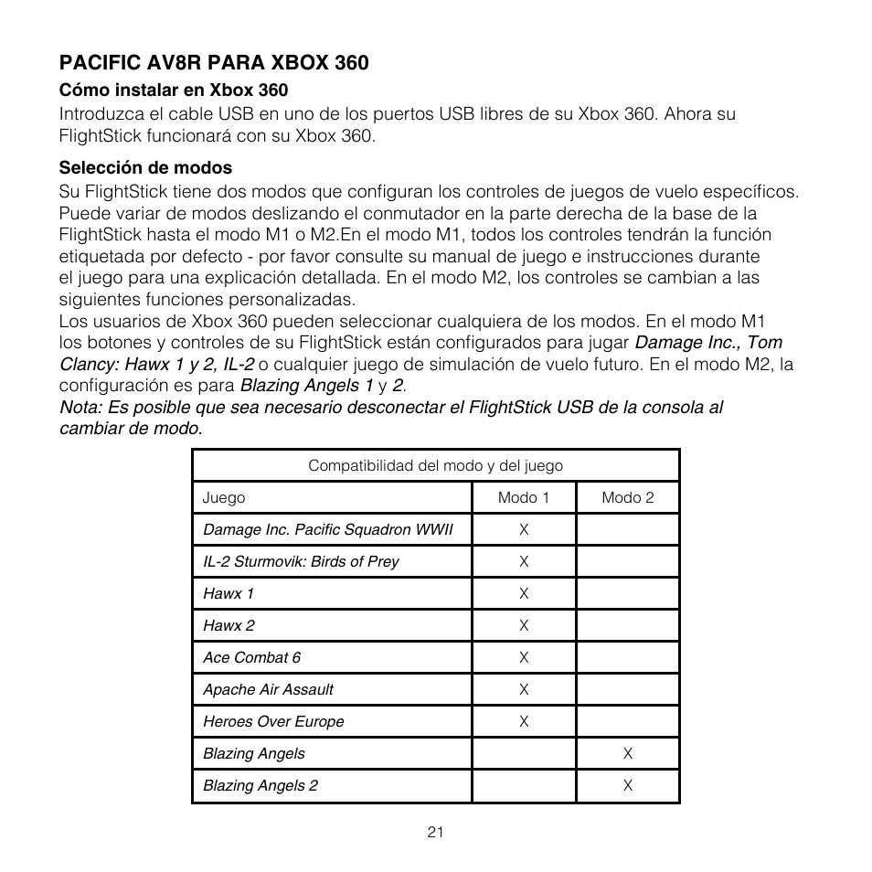 Pacific av8r para xbox 360 | TRITTON AV8R FlightStick for Xbox 360 User Manual | Page 21 / 28