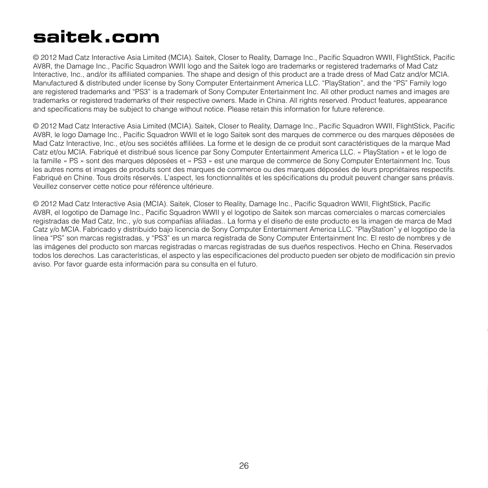 TRITTON AV8R FlightStick for PS3 User Manual | Page 26 / 28