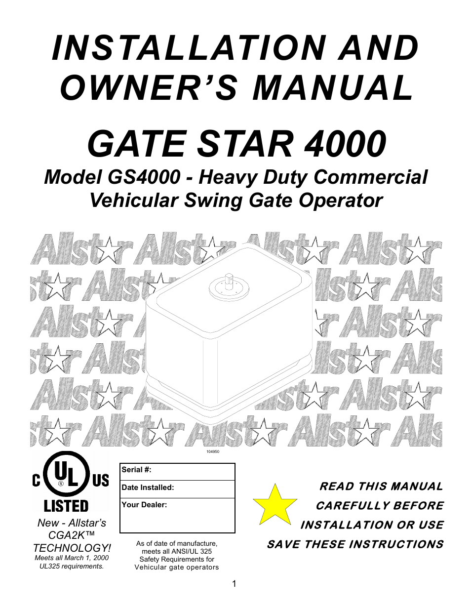 Allstar Products Group ANSI/UL 325 User Manual | 28 pages