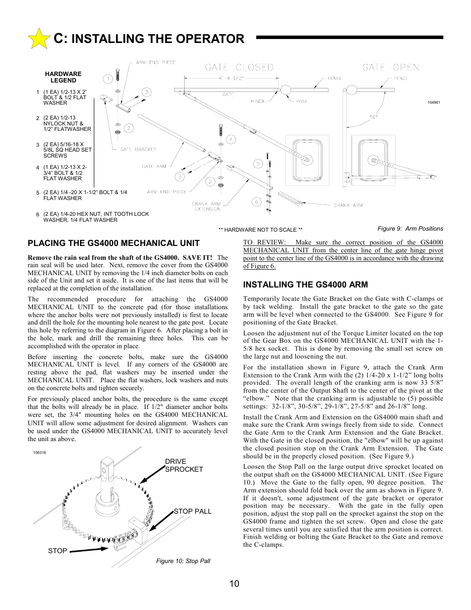 Installing the operator, Placing the gs4000 mechanical unit, Installing the gs4000 arm | Allstar Products Group ANSI/UL 325 User Manual | Page 10 / 28
