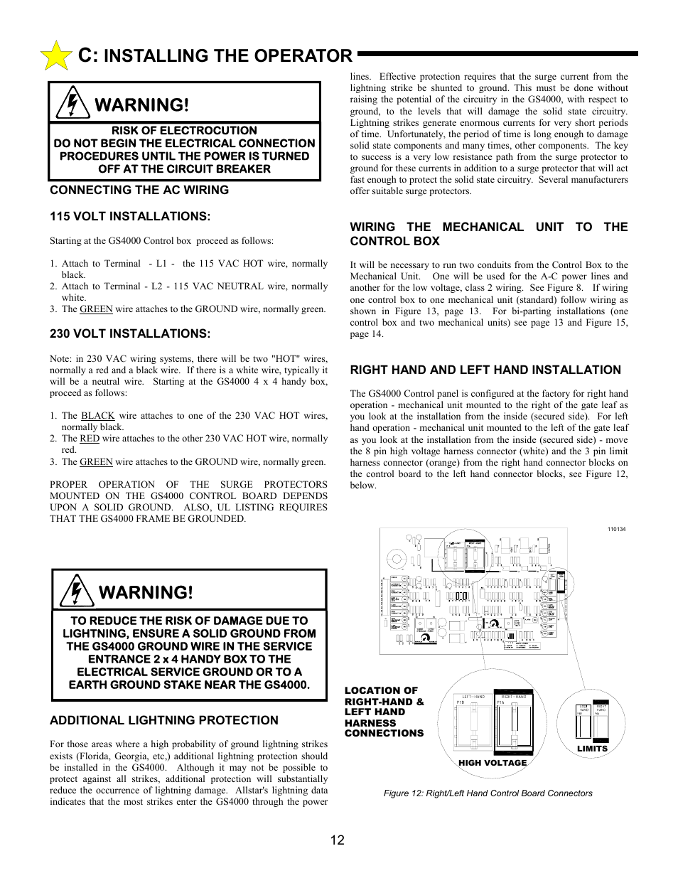 Warning, Installing the operator warning | Allstar Products Group ANSI/UL 325 User Manual | Page 12 / 28