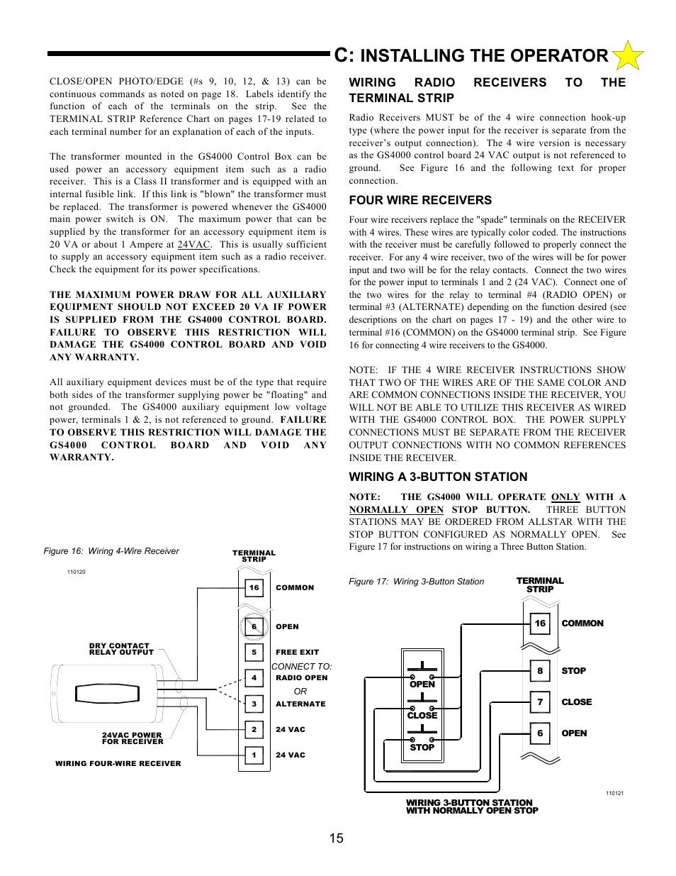 Installing the operator, Wiring radio receivers to the terminal strip, Four wire receivers | Wiring a 3-button station | Allstar Products Group ANSI/UL 325 User Manual | Page 15 / 28