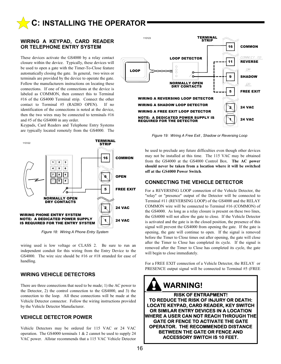 Installing the operator warning, Wiring vehicle detectors, Vehicle detector power | Connecting the vehicle detector | Allstar Products Group ANSI/UL 325 User Manual | Page 16 / 28
