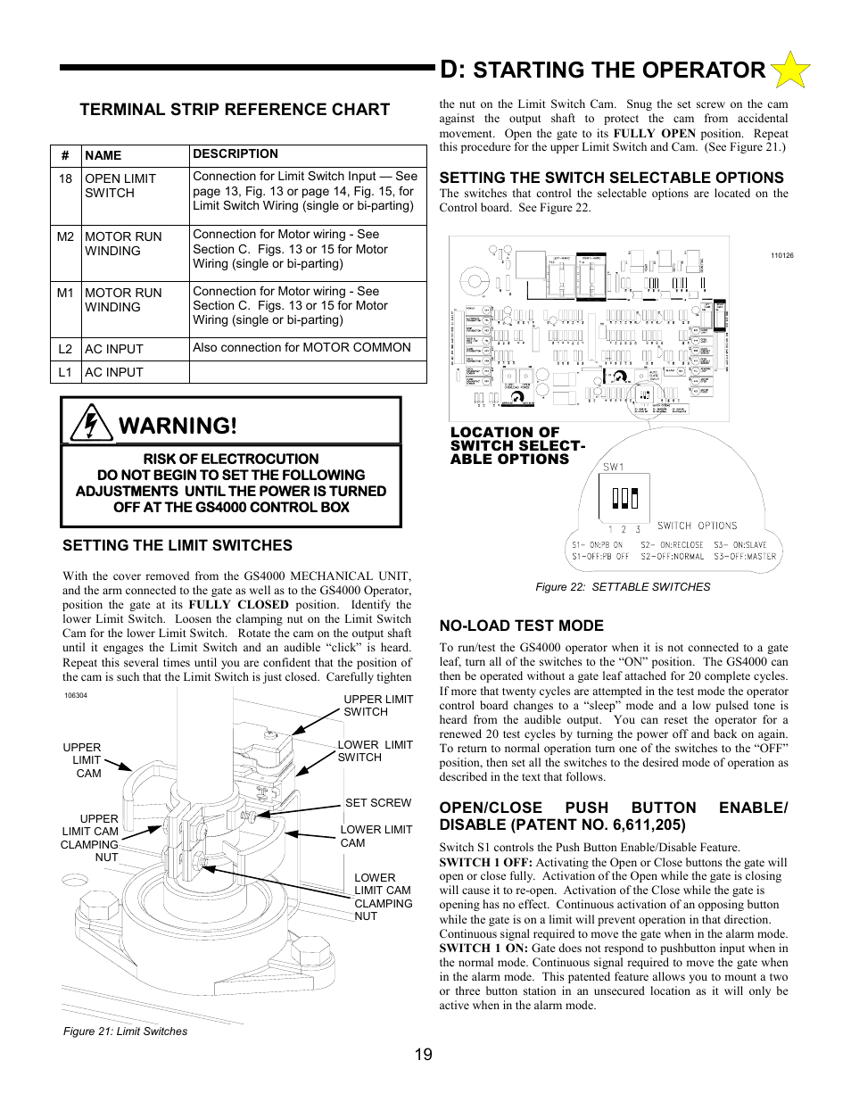 Warning, Starting the operator, Terminal strip reference chart | Allstar Products Group ANSI/UL 325 User Manual | Page 19 / 28