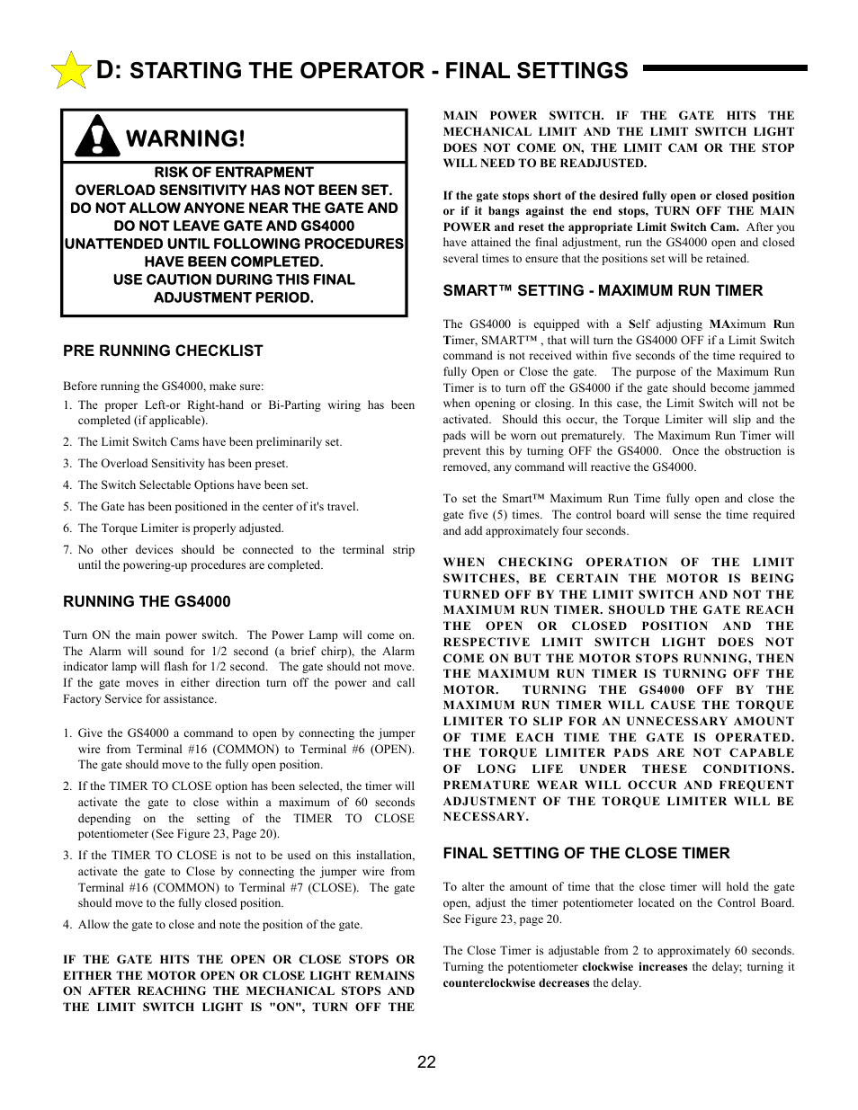 Starting the operator - final settings warning | Allstar Products Group ANSI/UL 325 User Manual | Page 22 / 28