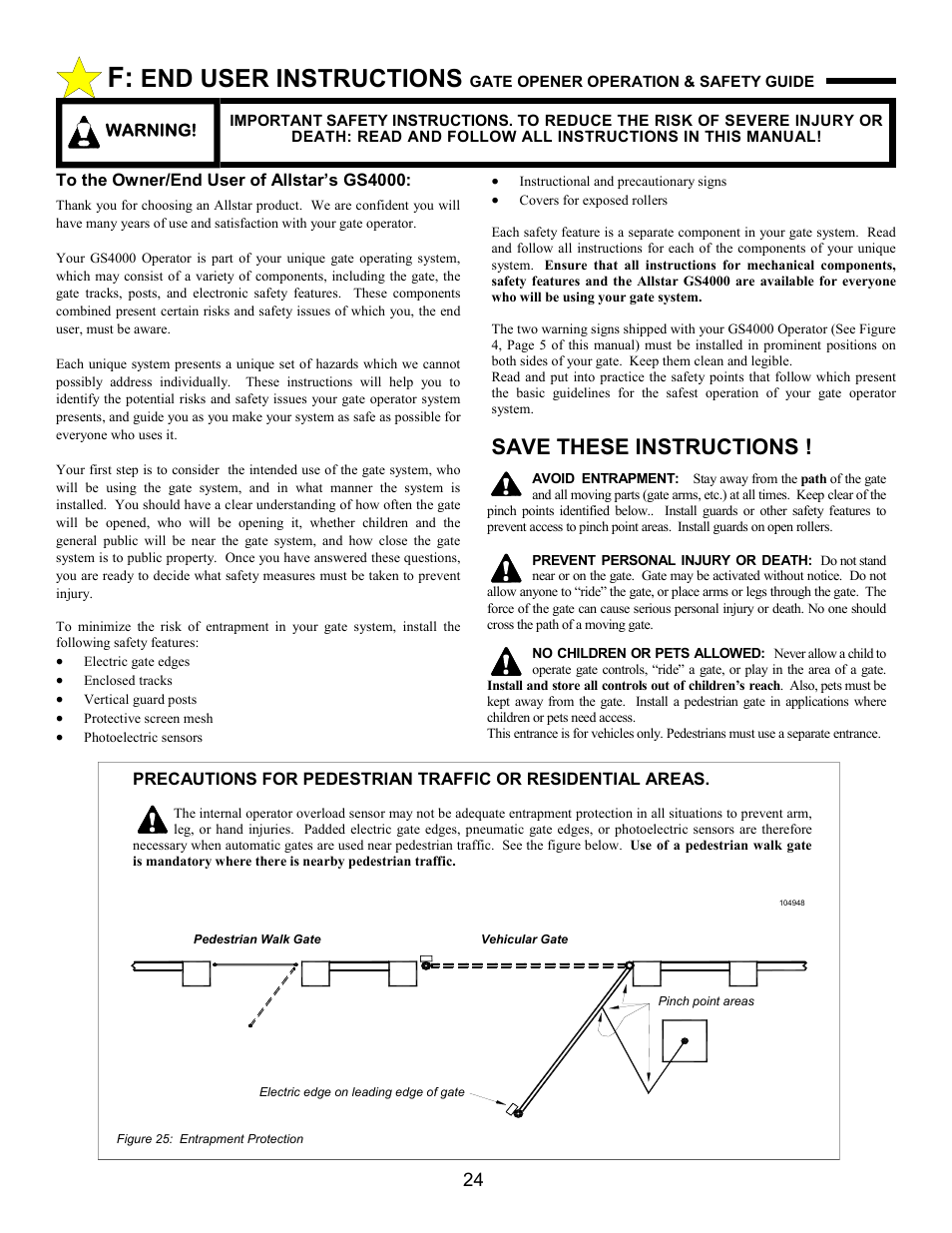 End user instructions, Save these instructions | Allstar Products Group ANSI/UL 325 User Manual | Page 24 / 28