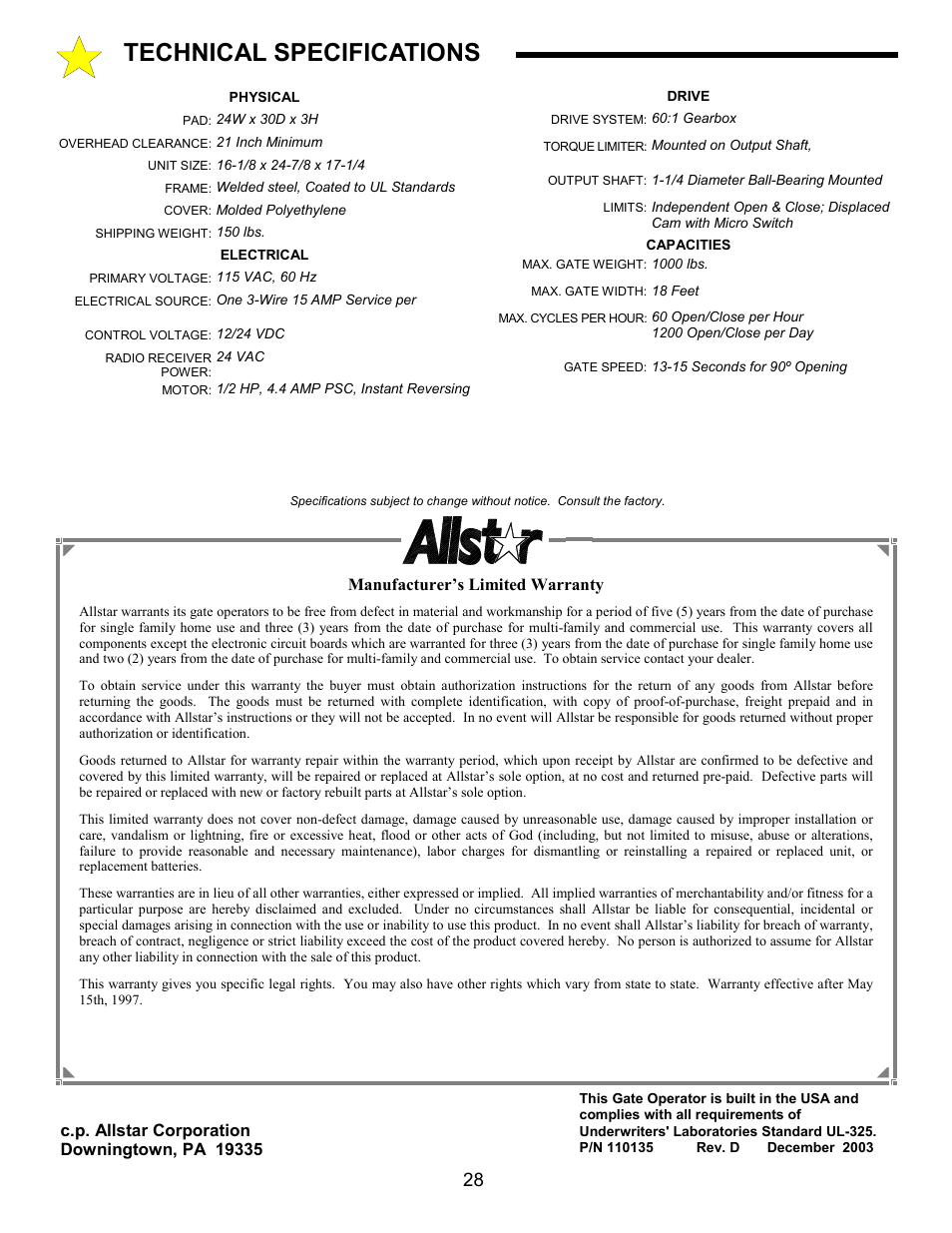 Technical specifications | Allstar Products Group ANSI/UL 325 User Manual | Page 28 / 28