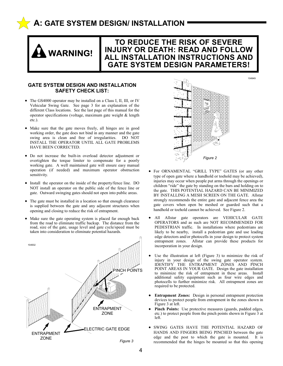 Warning, Gate system design/ installation | Allstar Products Group ANSI/UL 325 User Manual | Page 4 / 28