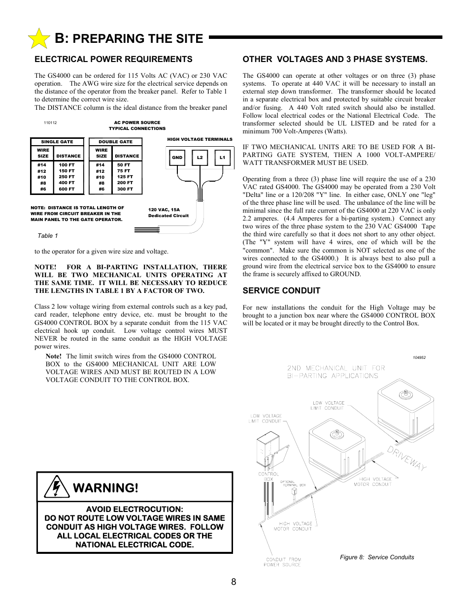 Warning, Preparing the site, Electrical power requirements | Other voltages and 3 phase systems, Service conduit | Allstar Products Group ANSI/UL 325 User Manual | Page 8 / 28