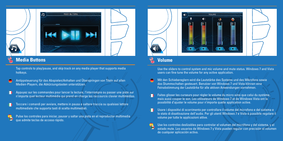 Media buttons, Volume | Cyborg S.T.R.I.KE.7 Keyboard User Manual | Page 13 / 17