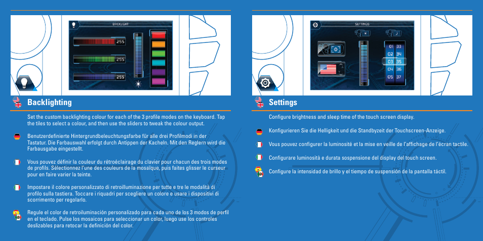 Backlighting, Settings | Cyborg S.T.R.I.KE.7 Keyboard User Manual | Page 14 / 17