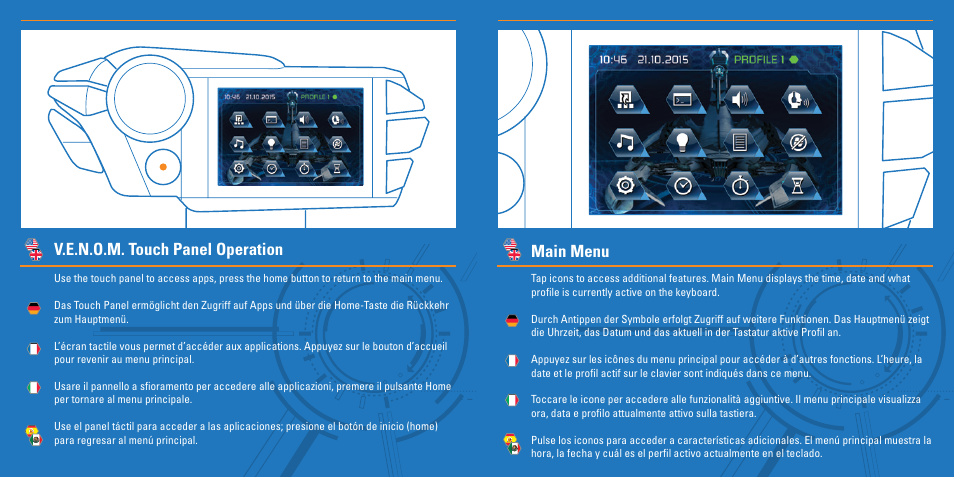 V.e.n.o.m. touch panel operation, Main menu | Cyborg S.T.R.I.KE.7 Keyboard User Manual | Page 9 / 17